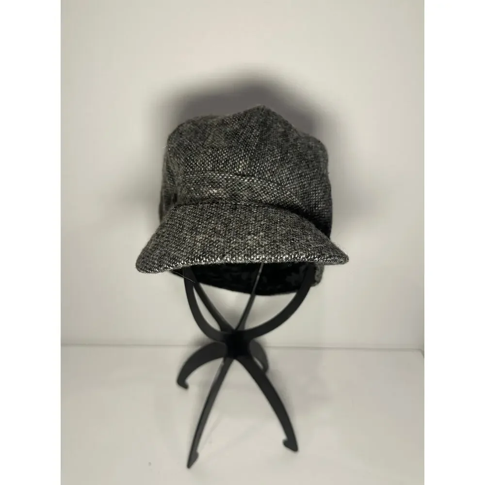 Vintage Y2K Charcoal Grey Tweed Wool Blend Newsboy Baker Boy Cabbie Cap Hat OS